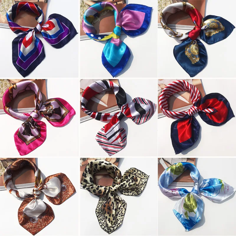 

50*50CM High Quality Silk Scarf Women Small Soft Squares Decorative Head Scarf Multicolor Stripe Print Kerchief Neck Wrap
