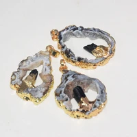 natural slice geode druzy stone pendants for women jewelry making 2020 large gold plating black tourmaline heart hole raw slab
