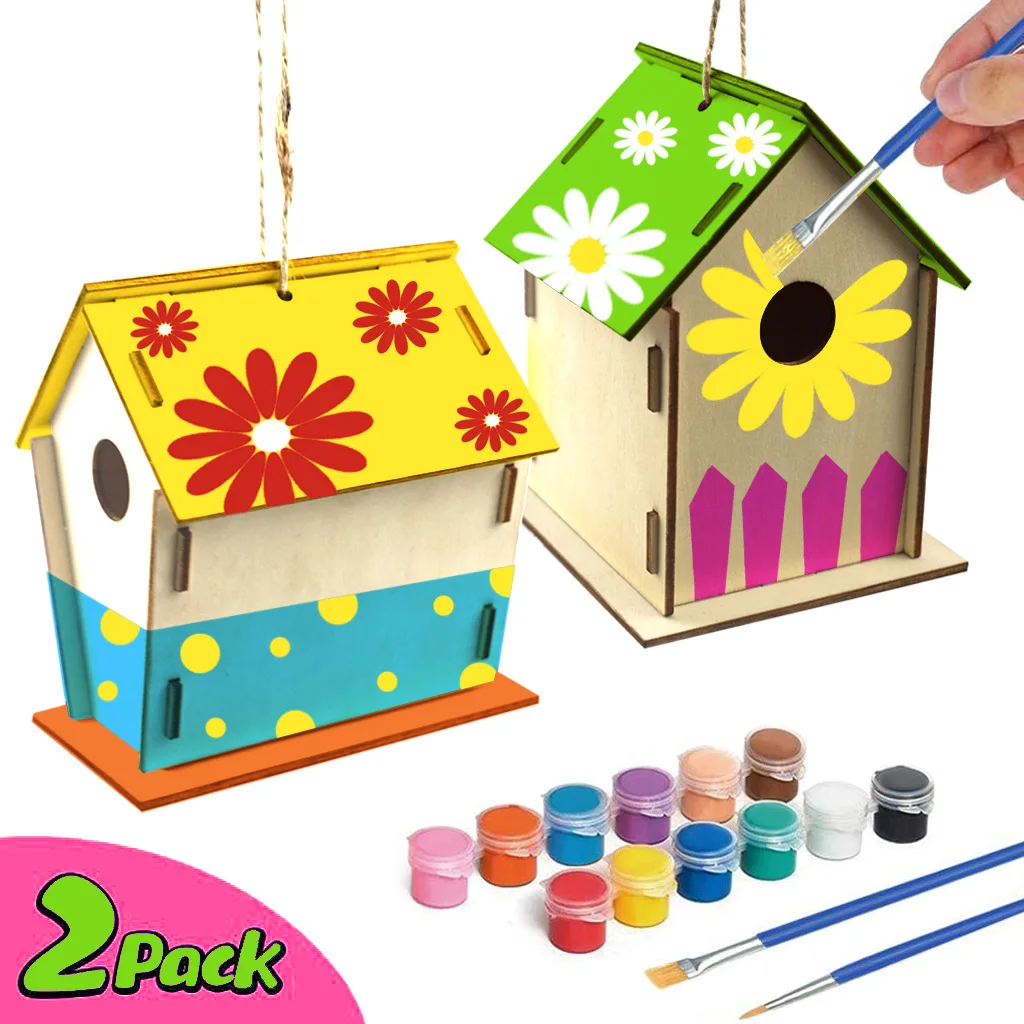 

2 Packs Diy Wooden Bird House Kit Hanging Bird House Natural Wooden Cage Resting Place Wall-mounted Outdoor Birdhouse Wooden Box