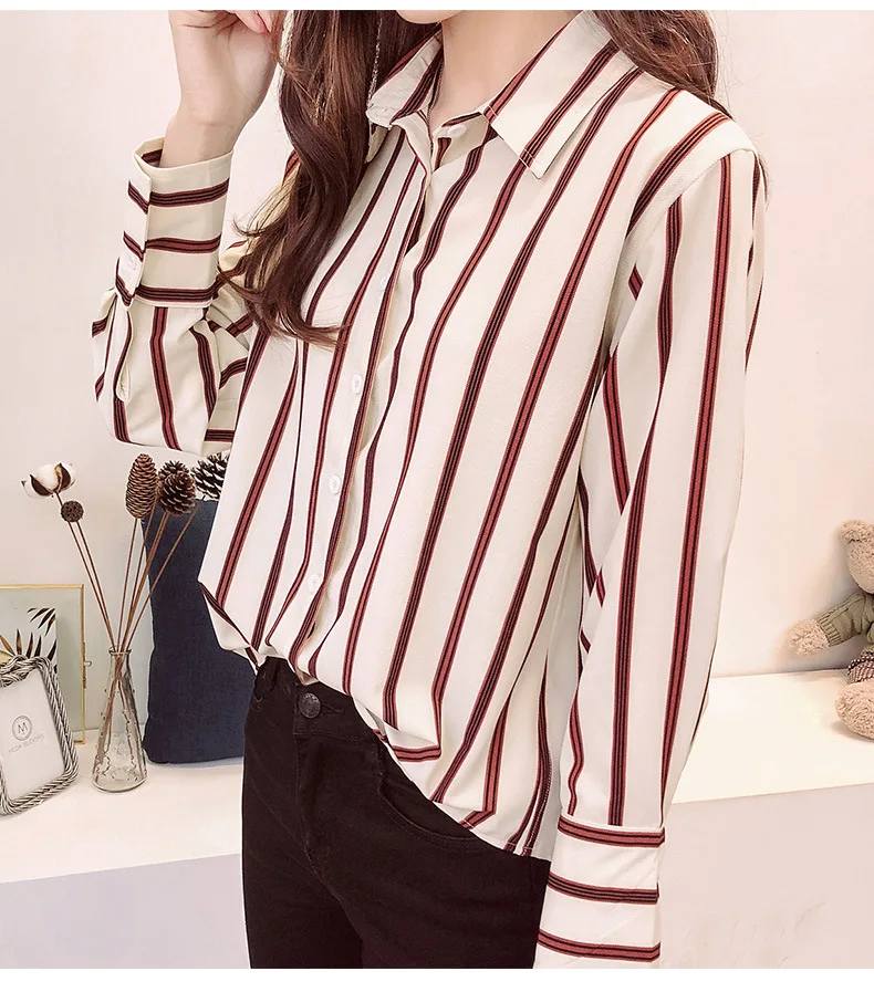 

Блузка женская из хлопка и льна, Офисная рубашка с длинным рукавом, Модный повседневный белый топ в полоску, с принтом, Sl