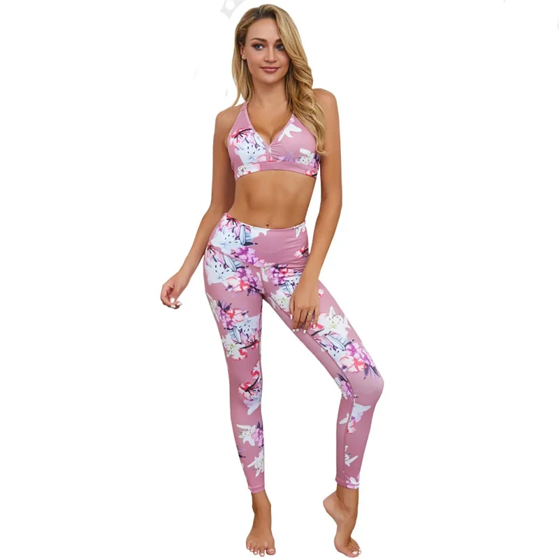 JFYYHZ Women‘s Yoga Set Fitness Floral Tracksuit Sexy Gym Wear Cross Strip Top Leggings Running Clothing Sportswear Sport |