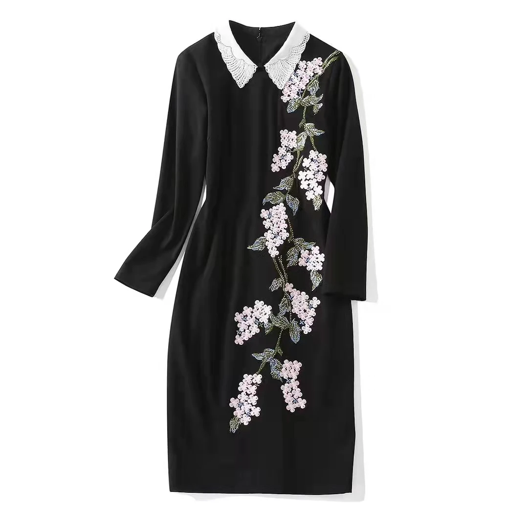 European and American women's clothing autumn winter 2022 new  Long sleeve lapel  fashion  Floral embroidered slim dress
