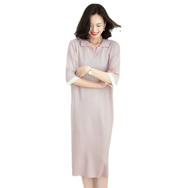 

Temperament Lapel open Knit Skirt 2021 spring and summer new women's wear fashion loose medium long large dress