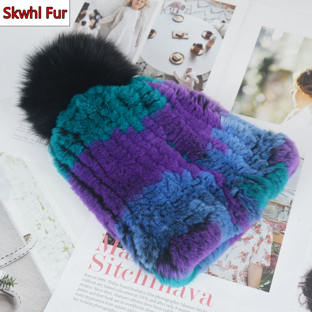 

Лидер продаж трикотажные натуральным лисьим меховым помпоном, головные уборы, головные уборы для женщин эластичные Кролика Рекс Меховые ша...