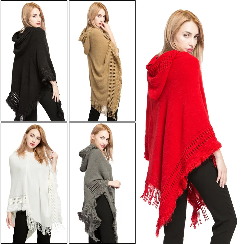 Bohemian Capes Ponchos with Hat Women Tassel Pullover Plus Size Knitted Sweater Cloak Elegant Shawl Autumn and Winter Scarf