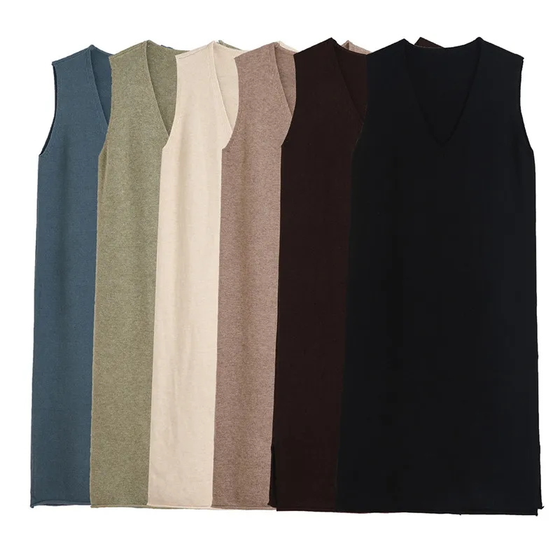 

Winter Women's V-Neck Knitted Mid-Length Vest Skirt With Slits and Curled Loose Solid Color Sweater Skirt 2020 New