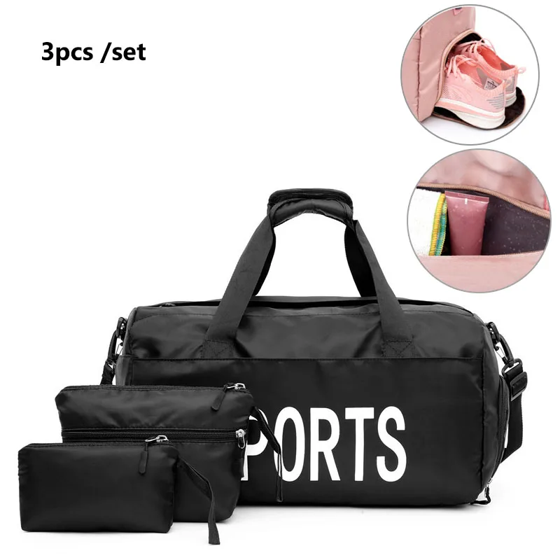 3pcs set black Спортивные сумки для фитнеса для женщин и мужчин, тренировочная сумка с буквенным принтом, дорожная сумка-мешок, сумка для багажа на выходные, сумка для спортивной гимнастики XA772WA - Цвет: 3pcs set black