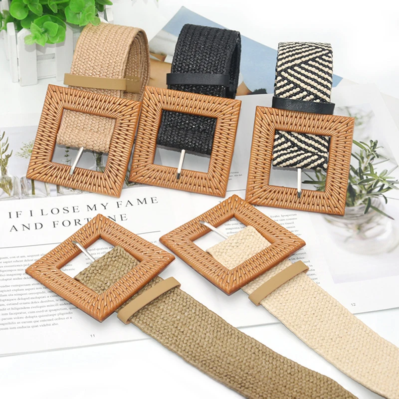 

1pc Summer Women's Beach Bohemia Elastic Belt Girdle Square Bucklet Braided Belt Summer Dress Women Korean Fashion Strap