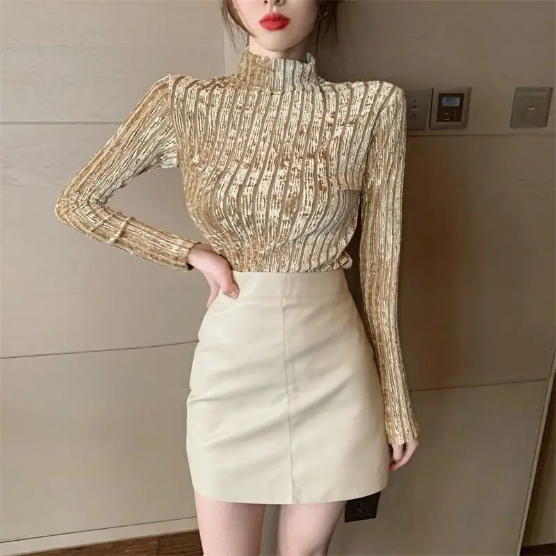 

Spring and autumn Korean style new versatile top with high collar and long sleeve bottom coat for women