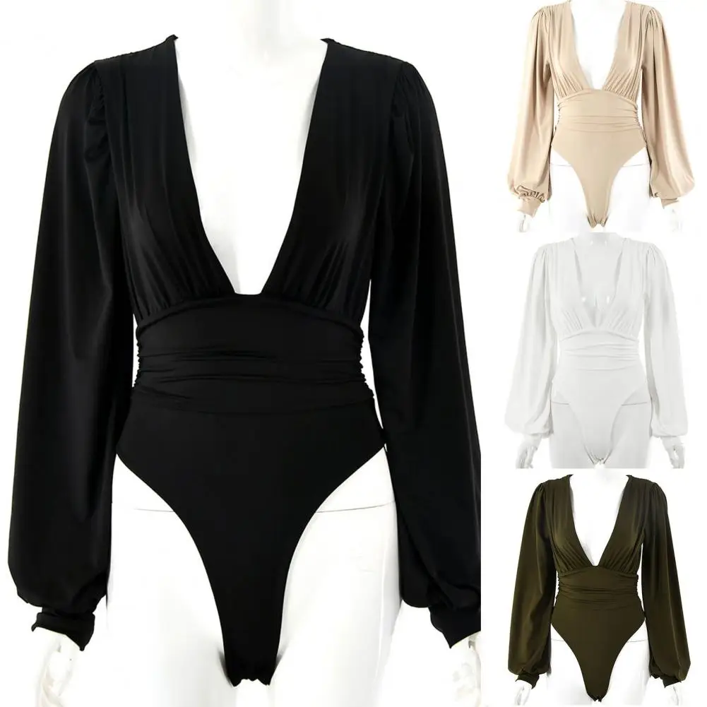

Jumpsuit Women Summer 2021 Sexy Women Bodysuit Long Puff Sleeve Solid Color Deep V Neck Skinny Romper Jumpsuit for Party