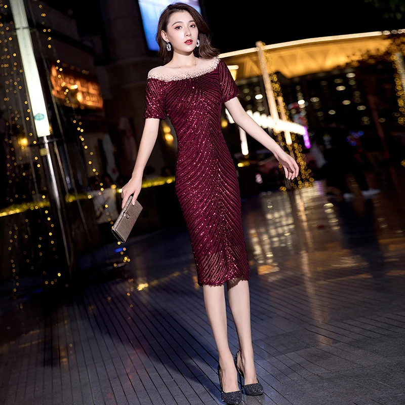 AE711Europe And America Elegant Short Mermaid Evening Dress Vintage Wine Red Sequin Package Hip Sexy Cocktai Party Dresses | Свадьбы и