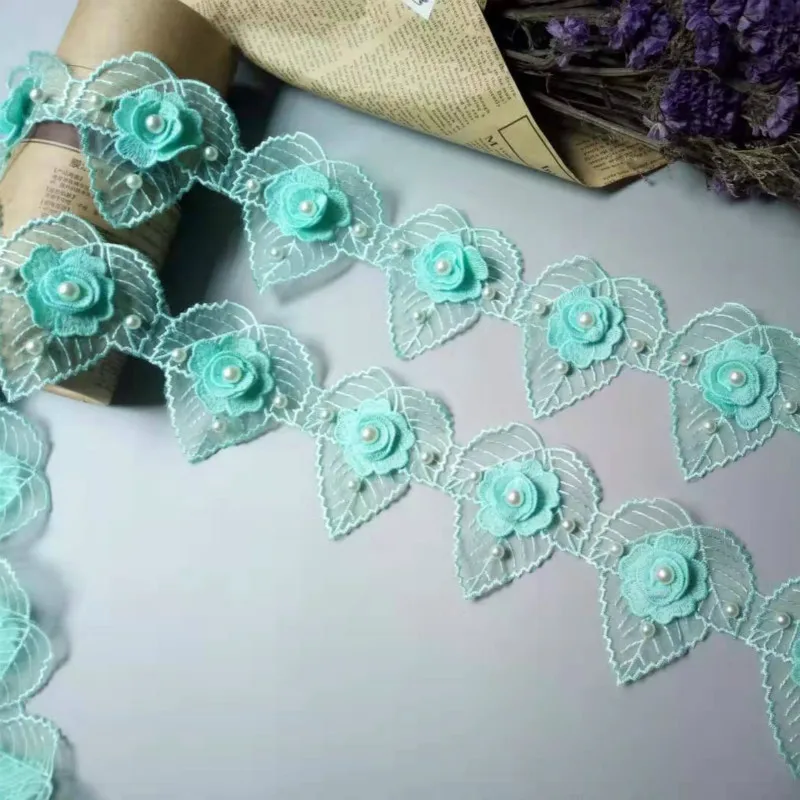 1 ярд Зеленый 3D жемчуг цветок Сердце лист вышитая Сетка кружевная отделка Лента