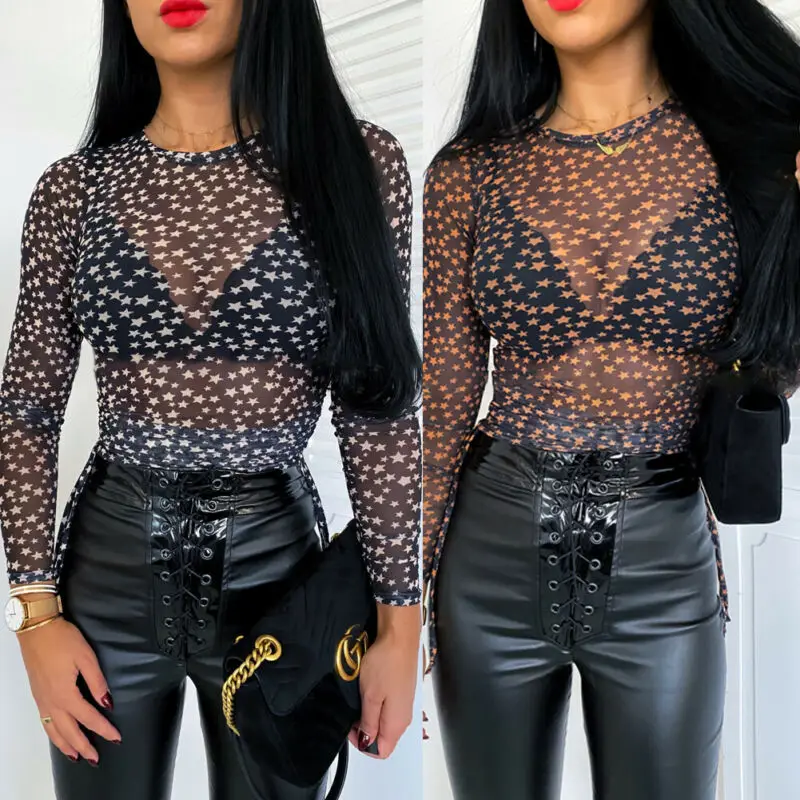 Женские сетчатые Прозрачные топы с длинным рукавом прозрачная блузка Одежда для