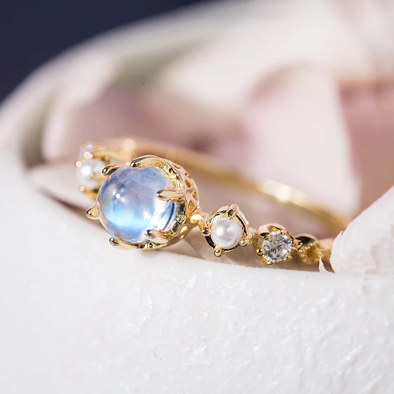 Rainbow Moonstone Милое натуральное лунное кольцо с самоцветом и бриллиантами украшения с простым дизайном подарки на день рождения золотые 925 пробы серебряные обручальные кольца - Цвет камня: Rainbow Moonstone