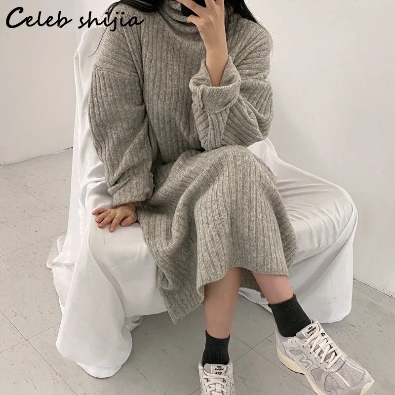 Женское длинное платье водолазка SHIJIA цвета хаки большие размеры осенне зимнее с