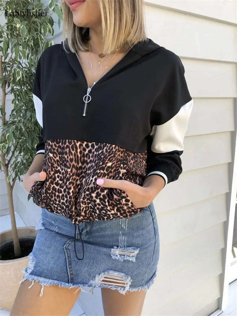 Леопардовая Лоскутная Осенняя Женская толстовка с длинным рукавом на молнии