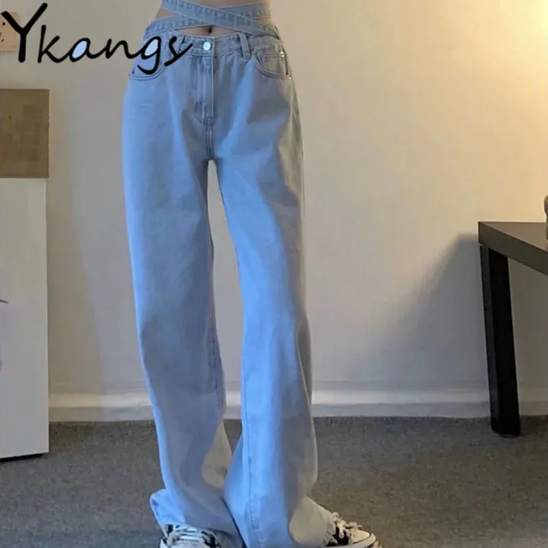 

Cross Straps High Waist Korean Fashion Wide Leg Jeans Women Casual Aesthetic Hip Hop Gothic Pockets Straight Denim Jeans Female