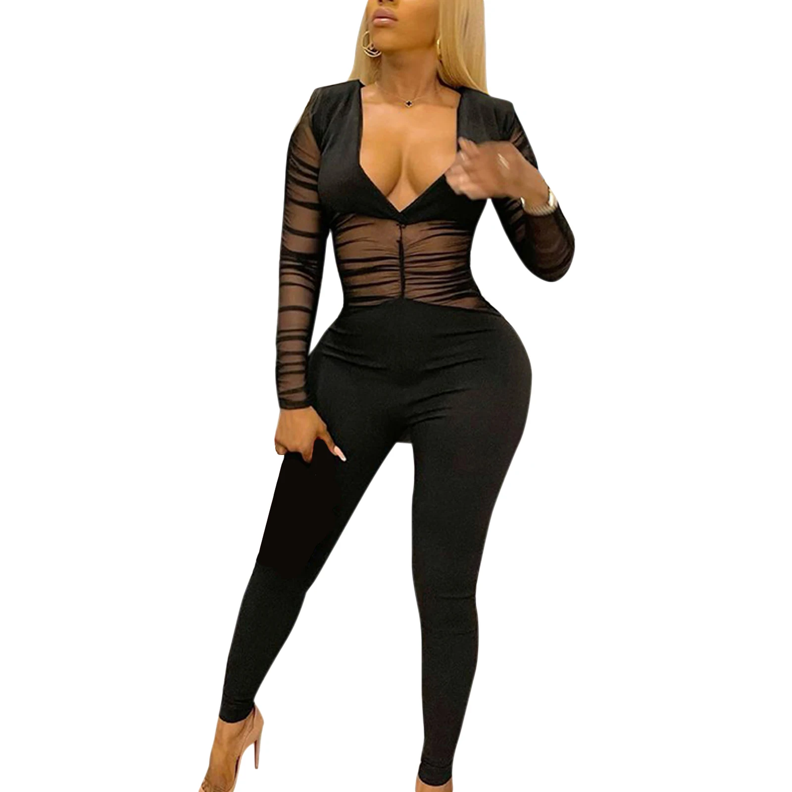 

Women Sexy Close-fitting Polyester Jumpsuit Black Solid Color Long Sleeve Plunging Neckline See-through Overalls S/ M/ L