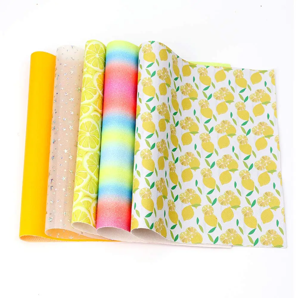 

AHB 22*30cm 5pcs/set Glitter Faux Leather Sheets Cartoon Lemon Fruits Printed Synthetic Leather Fabric DIY Bows Handmade Crafts