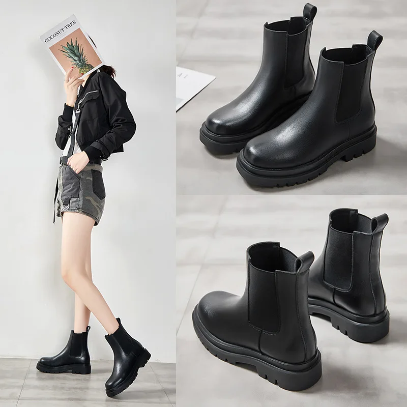 

Boots Women PU Leather Autumn Winter Chelsea Boots 5cm Heel Boots For Ladies Slip On Platform Black Basic Woman Shoes DEEZLA New