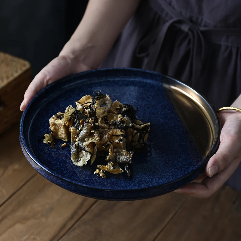 Винтажная позолоченная керамическая тарелка в японском стиле для ресторана