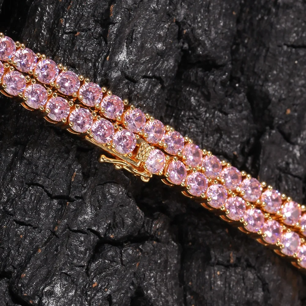 

Hip hop Pink Color Zircon 1 Row Tennis Chain Necklace Jewelry Copper Material Men's Women Necklace Link 4mm