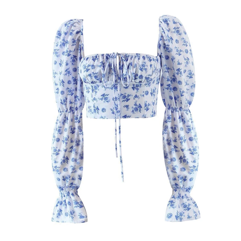 

Uclio Цветочный принт топ с завязкой спереди и блузки с квадратным воротником и рукавами-элегантный Винтаж сексуальная рубашка топы