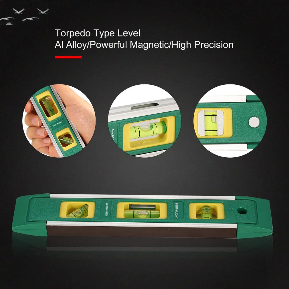 Torpedo Type Level 225mm Magnetic Gradienter Spirit 3 Fluorescent Bubble Ruler Horizontal Vertical Measuring Tool