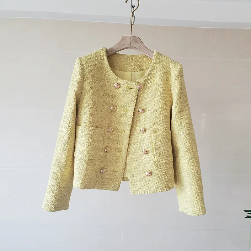 

CBAFU new runway double breasted chic jacket wool women autumn winter coat o neck long sleeve pockets tweed outwear N317