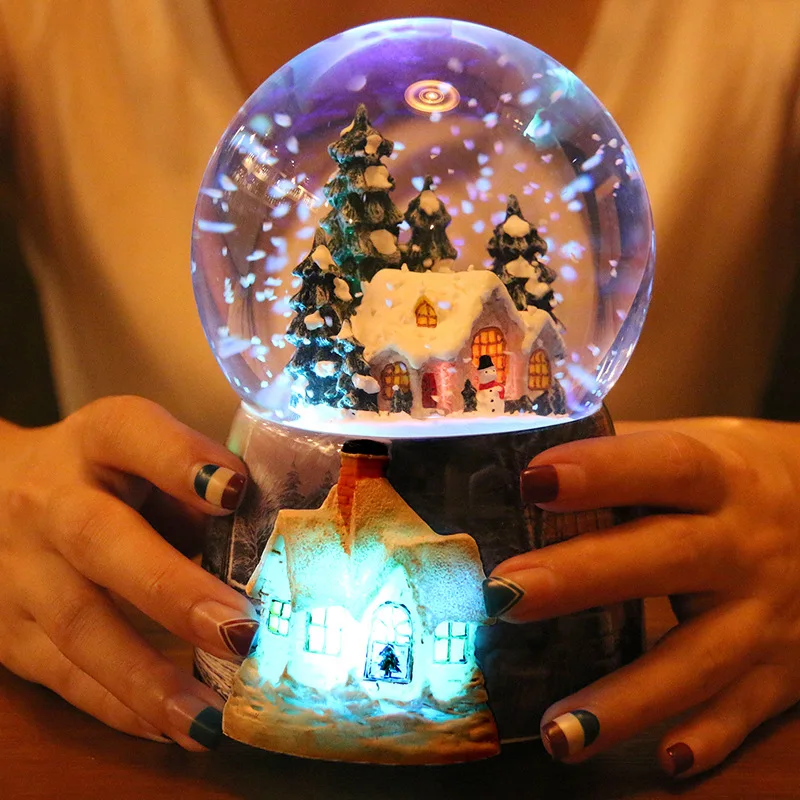 Free shipping Christmas Snowhouse Crystal Ball Music Box Automatic Snowflake Rotating Eight-tone Box for Girls'Birthday Gifts