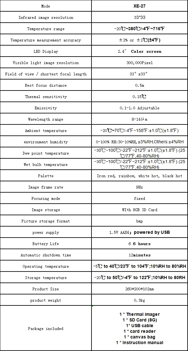 XE-27 тепловизор поставляется с интерфейсом USB и 8 Гб SD Strorage IR термальная камера производитель HT-02D/HT-175