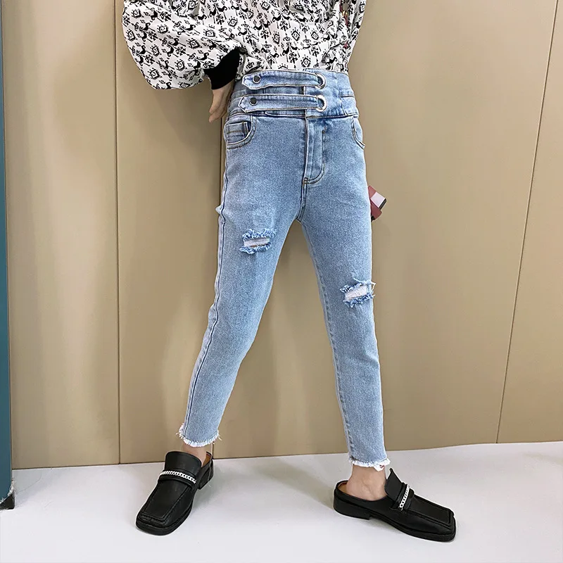 

Girls' jeans 2021 spring new children's self-cultivation ripped high-waisted pencil feet pants