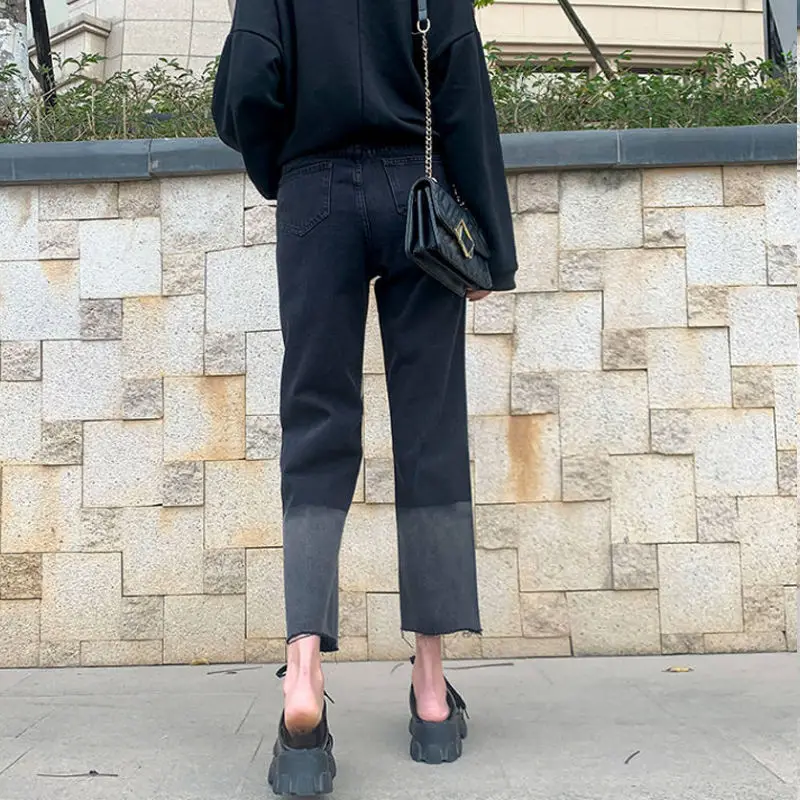 

Jeans women's 2021 new high waist loose wide leg Black Slim and versatile 9 / 4 straight barreled lace matching pants