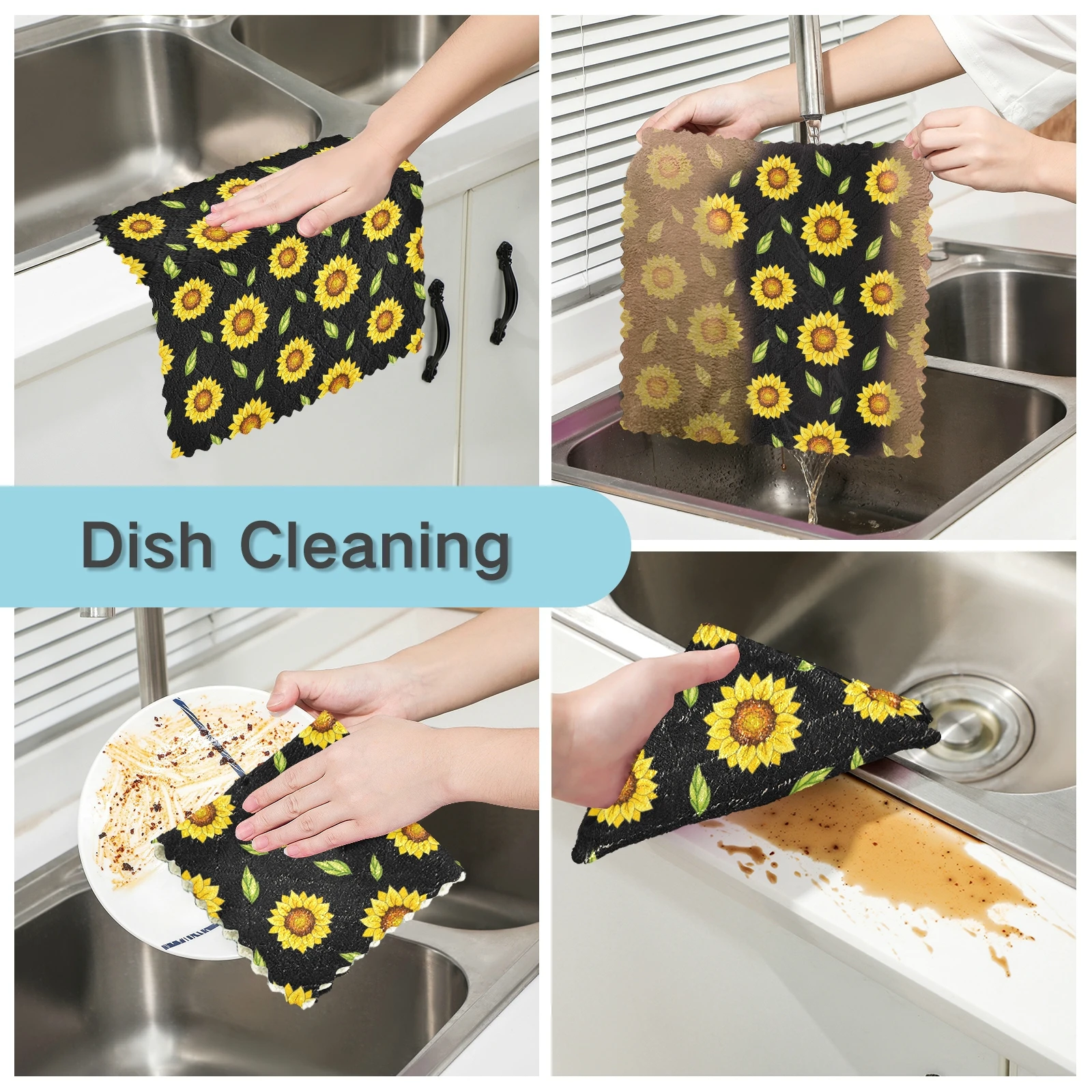 6pcs super absorbent microfiber kitchen dish cloth tableware household cleaning towel sunflower print kitchen tools gadgets free global shipping