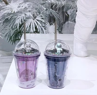 unisex double layer straw cup creative space wandering theme heat insulated plastic bottle water cup for household office
