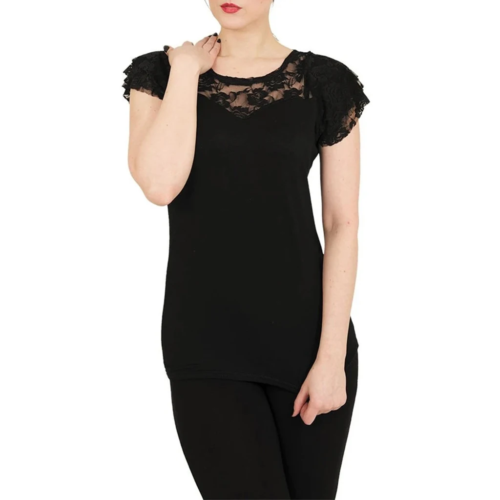 

Women Goth Lace Short Sleeve Basic Tee Shirts Women Summer Clothes Casual Skinny Black Punk T-shirts Lady O-neck Tshirt Tops