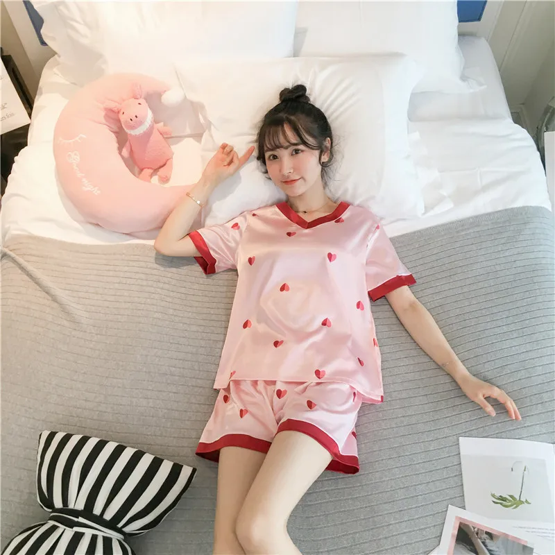 Summer Women's Pajamas Simulation Silk Short-sleeved Sweet and Sexy V-neck Home Service Pajamas for Women Sleepwear Sleep Tops