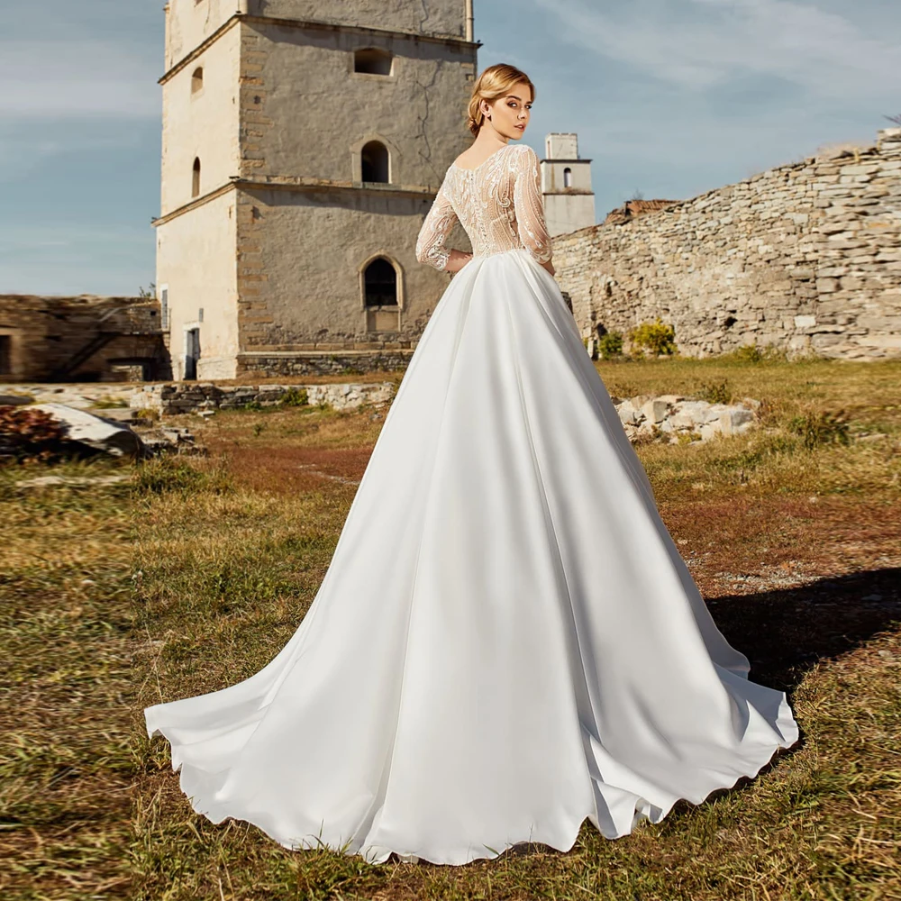 

Vestidos Wedding Dresses Appliques Chiffon Lace Pleat Bateau Three Quarter Covered Button Ball Bridal Gowns