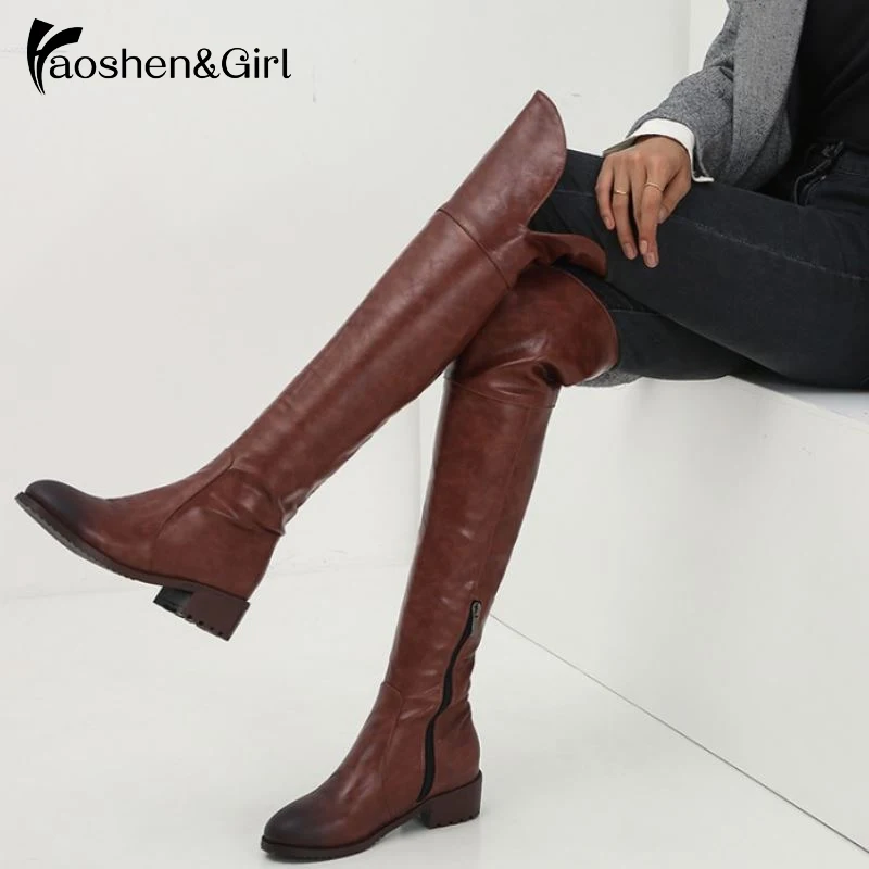 Haoshen& Girl/зимние женские сапоги выше колена Соблазнительные снежные сапоги на квадратном каблуке г. Модные черные сапоги женская обувь Размер 13