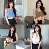 sexy buttons camisole solid color knitted tank vest 2021 women summer fashion beachwear backless deep v neck crop top