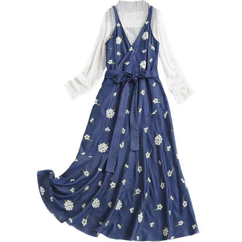 

Shuchan Tencel/Lyocell 2 Piece Set T-shirt+dress Print Women Stand Collar Zipper Fly Pullover Mid-Calf Ankle-Length Dresses