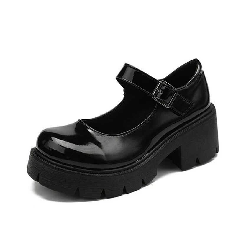 Damen Mary Jane Schuhe Retro Schnallenriemen Runde Zehe Plateauschuhe Mode Blockabsatz Gothic Japanischen Stil Lederschuhe für Cosplay