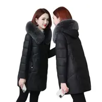 New Women's Winter Leather Jackets Black Red Mid-Length Cotton Coat Parka Pu Leather Faux Fox Fur Collar Women Coat Outerwear