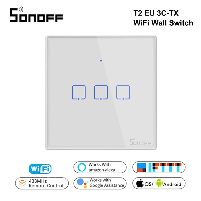 Настенный сенсорный выключатель Sonoff T2 EU 3C TX Wi Fi с бордюром 433RF/Voice/APP/Touch Control
