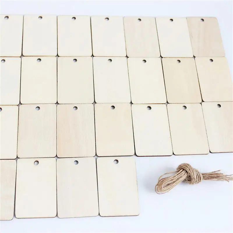 

100pcs Nature Wood Slices With Hemp Rope Rectangle Unfinished Blank Wooden Hanging Labels Gift Tags DIY Handicrafts