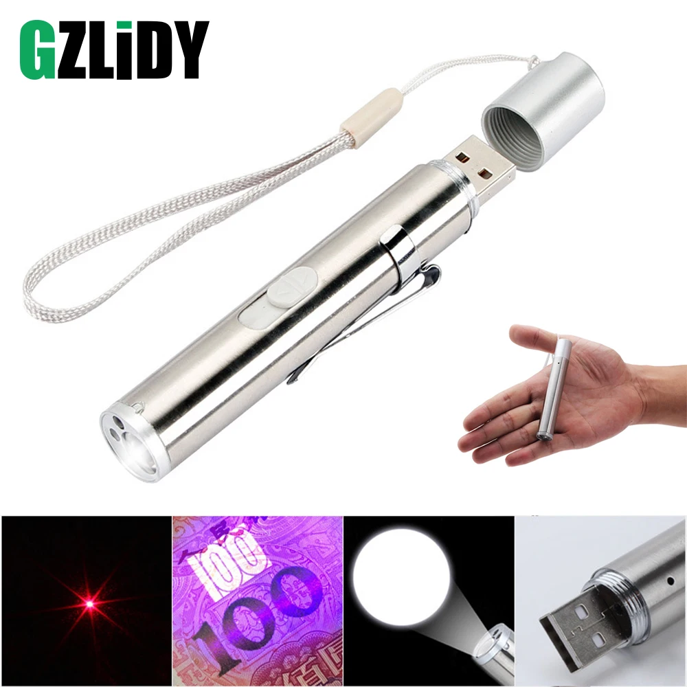 

Многофункциональный светодиодный фонарик 3 в 1, USB перезаряжаемый портативный УФ мини-фонарь, лазерсветильник фонарь для обучения питомцев, ...