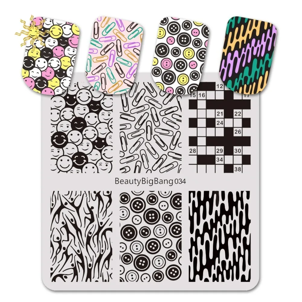 

Beautybigbang 1 шт. штамповочная пластина из нержавеющей стали для ногтей полосатые пуговицы со смайликом для изображения фотографий
