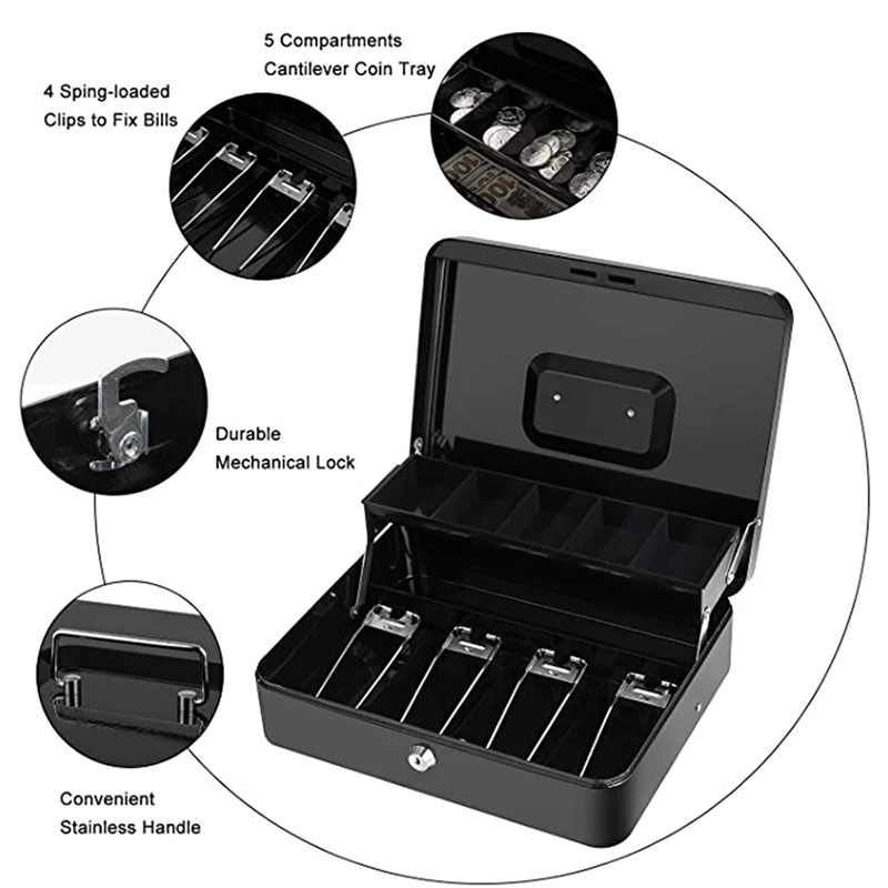 Large Metal Cash Box for Safe Storage with Key or Combination Lock 5 Coin Compartments 4 Bills Spring Clips | Безопасность и