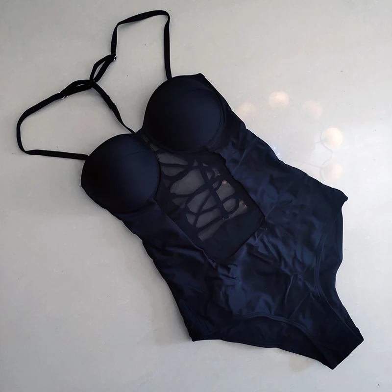 Сплошной сетчатый женский купальник монокини с вырезами и пуш-ап со шнуровкой на