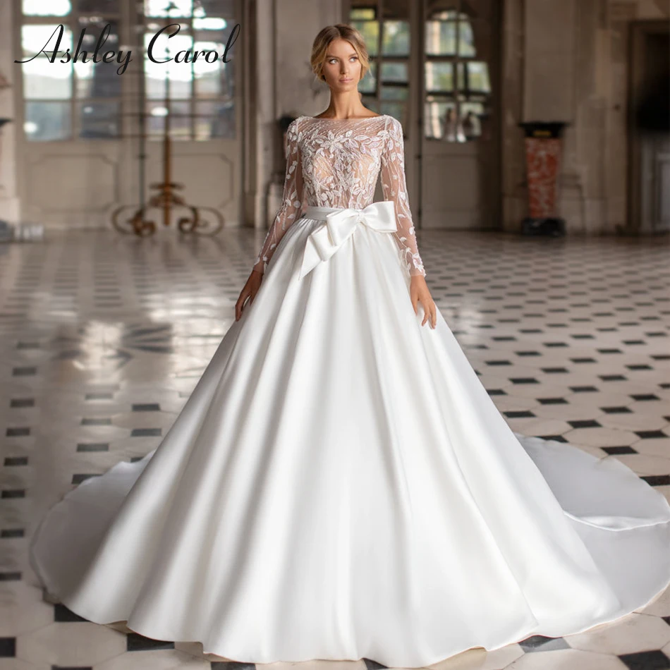 

Свадебное платье принцессы Эшли Карол 2022, изящное атласное платье с бантом, свадебное платье с длинным рукавом, кружевное платье трапециевидной формы с бусинами